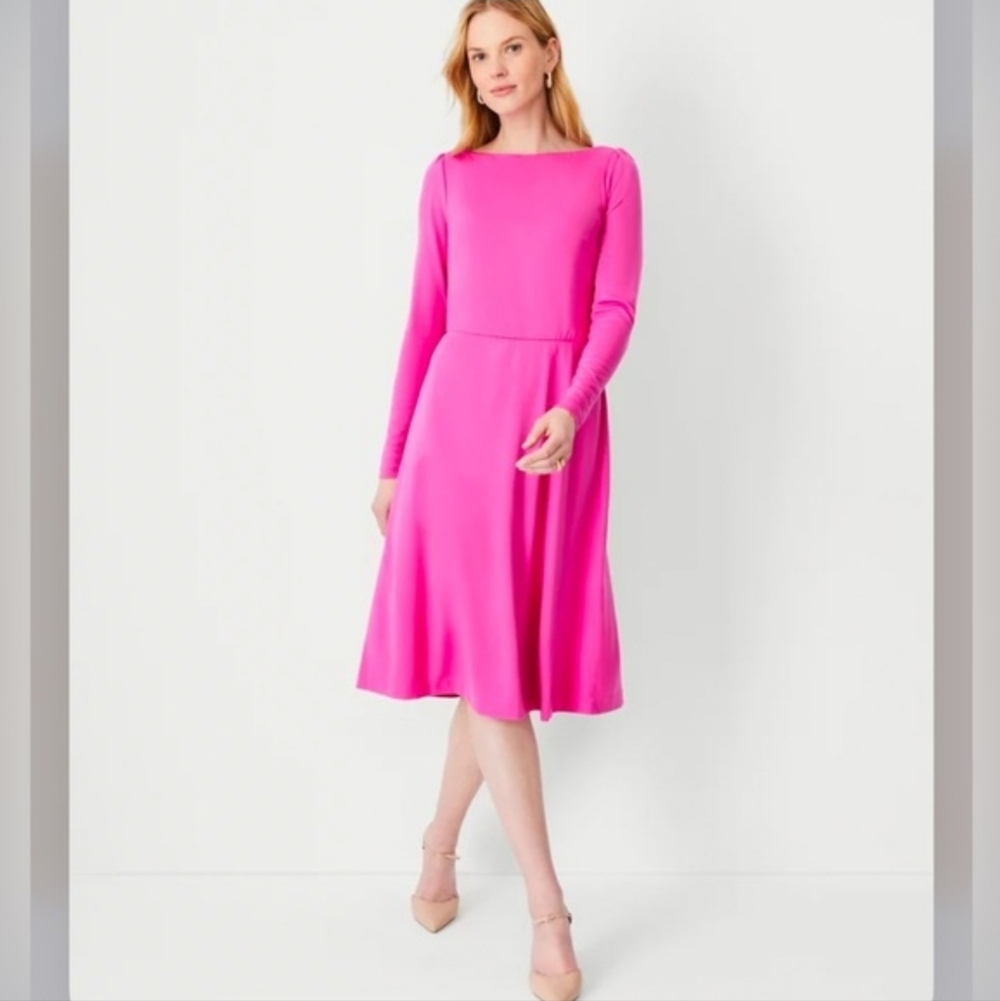 Ann Tayor Boatneck Flare Midi Dress Magenta Pink Size 0